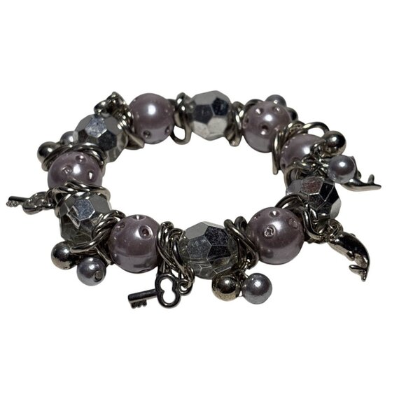 Vtg Charm Bracelet Silver Lavender Beaded Dolphin Starfish Key Accents Stretch - Picture 1 of 9